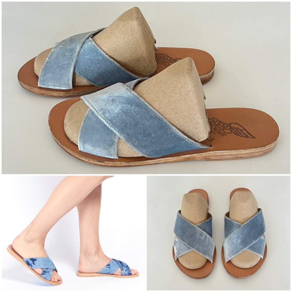 Ancient Greek Sandals Open Toe Blue Velvet Leather Insole Comfy Soft Slip-on